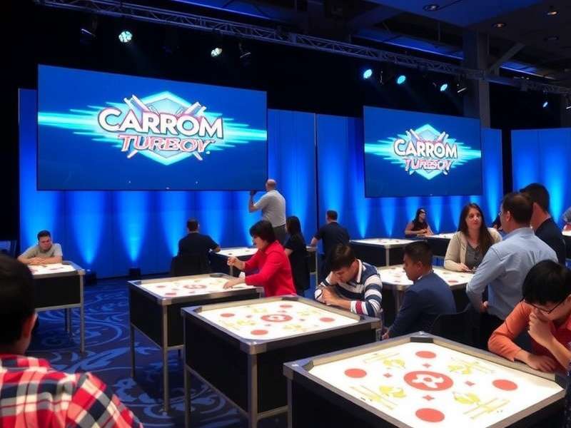Carrom Turbo Supremacy national tournament finals with players competing on stage and large screens